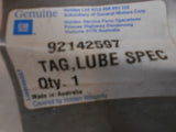 Holden Genuine Lube Specific Tag New Part