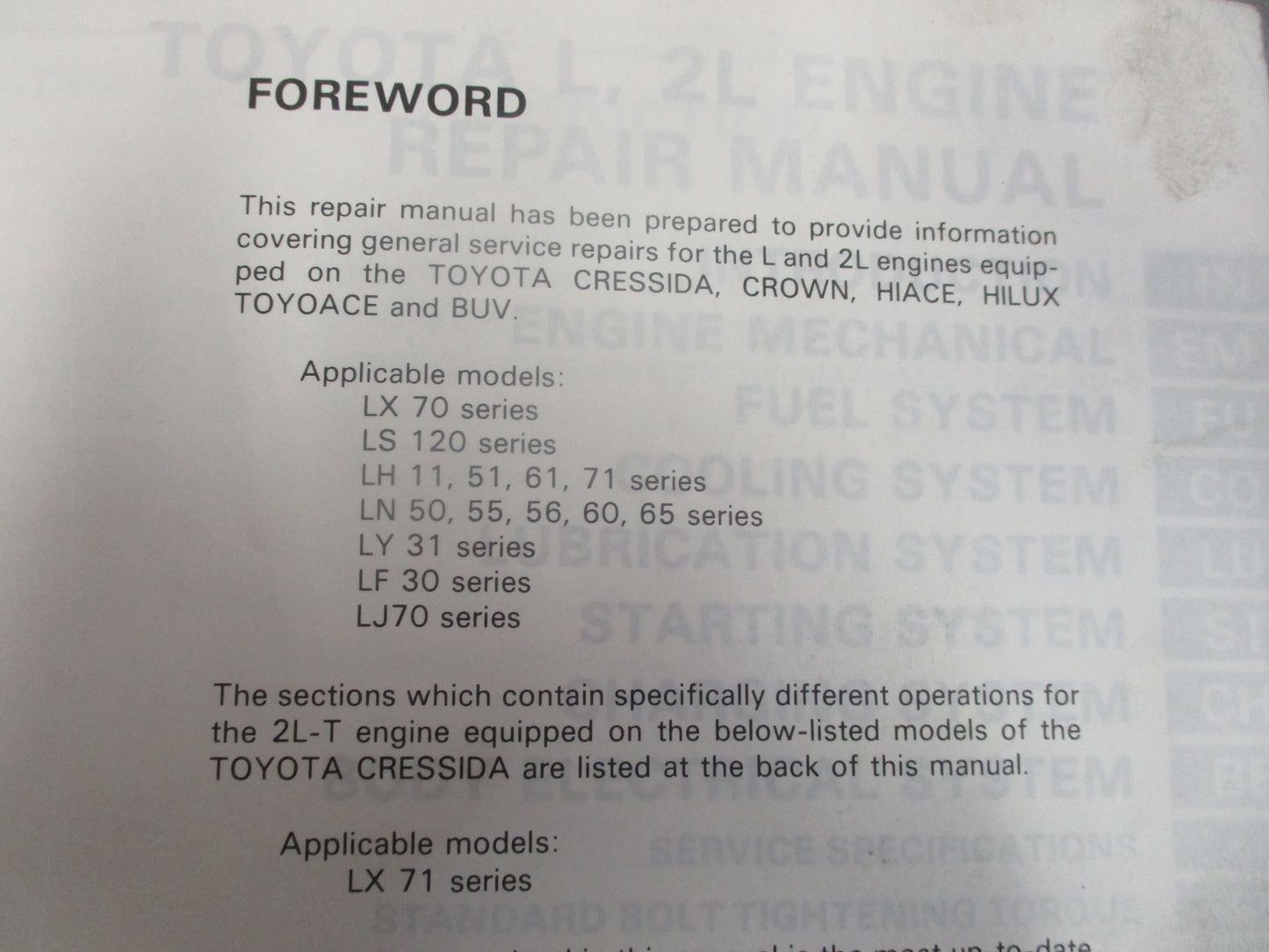 Toyota L/2L/2L-T Repair Manual Used