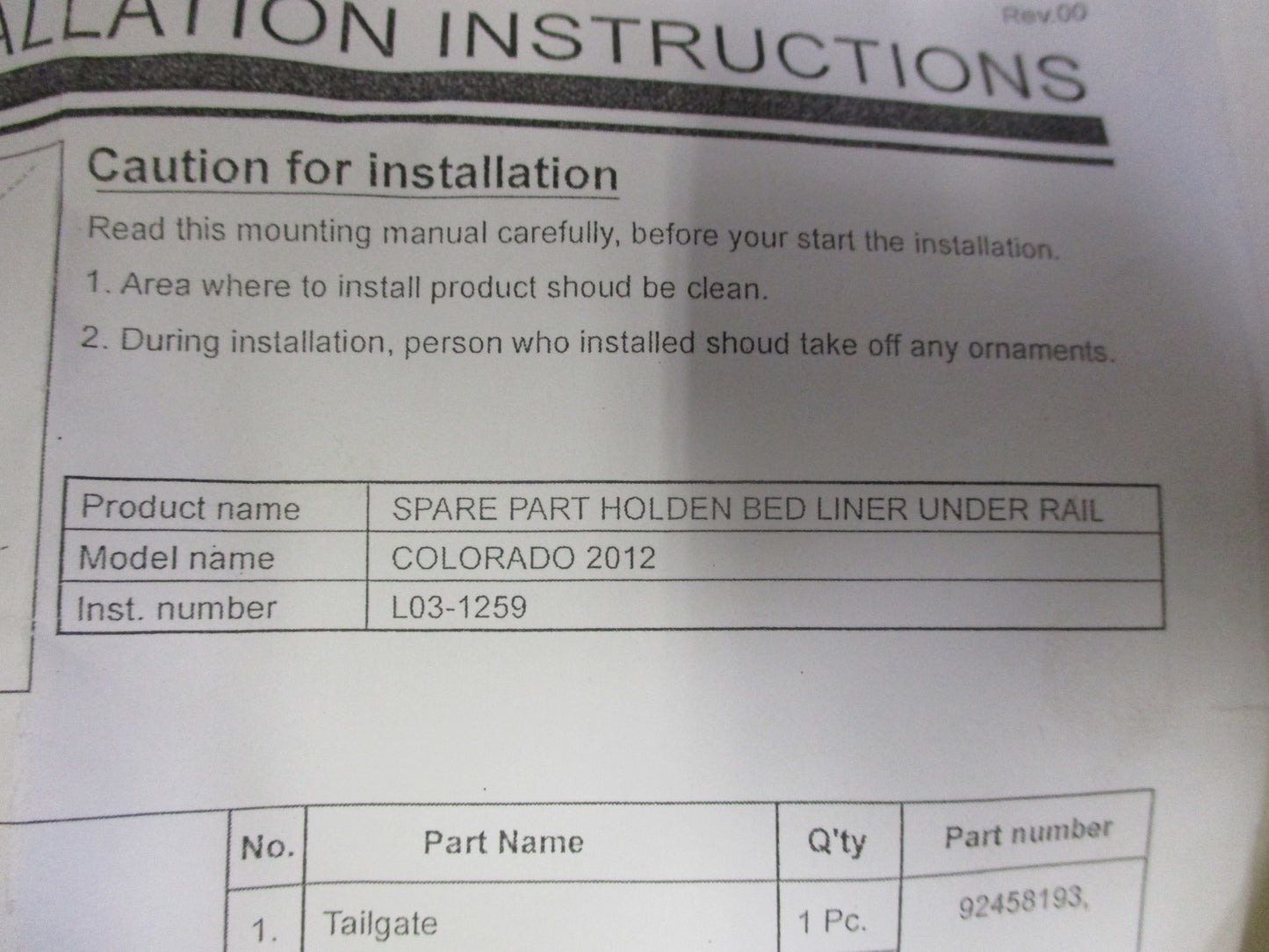 Holden Colorado Genuine Under Rail Bed Liner New Part