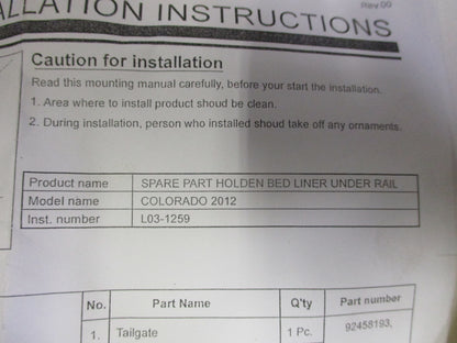 Holden Colorado Genuine Under Rail Bed Liner New Part