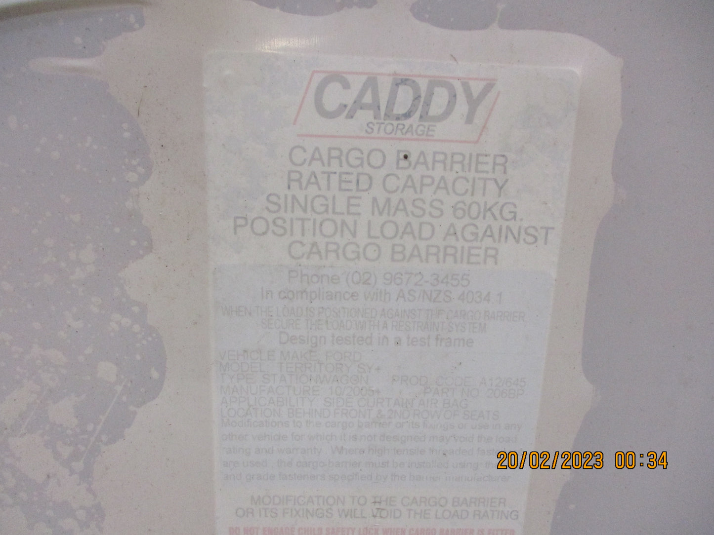 Cuddy Storage Cargo Barrier Behind Front And Second Row  Suits Ford SY + Territory New Part