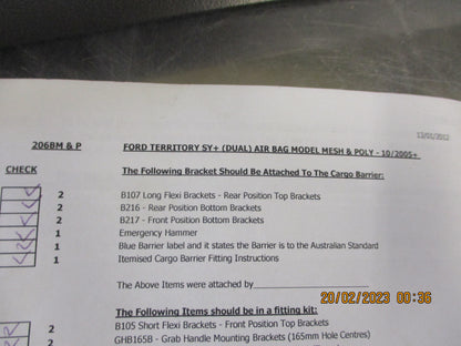 Cuddy Storage Cargo Barrier Behind Front And Second Row  Suits Ford SY + Territory New Part