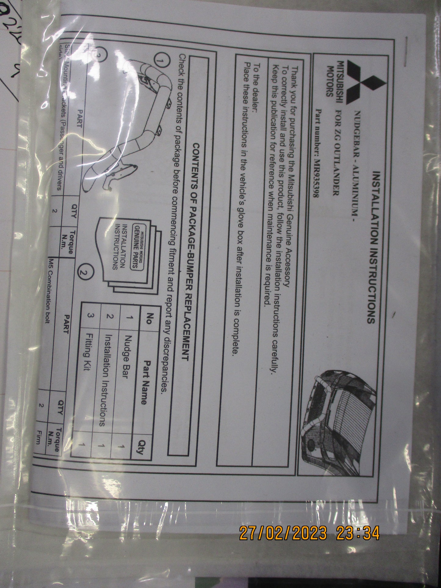 Mitsubishi ZG Outlander Genuine Alloy Nudge Bar Kit New Part.