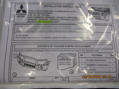Mitsubishi NS/NT Pajero Genuine Alloy Bull Bar Kit New Part