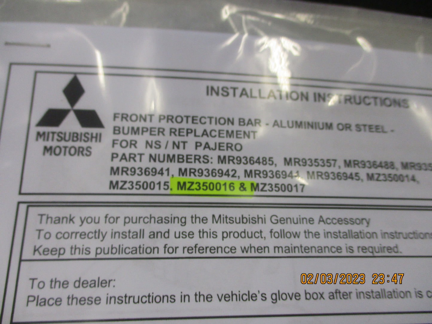 Mitsubishi NS/NT Pajero Genuine Alloy Bull Bar Kit New Part