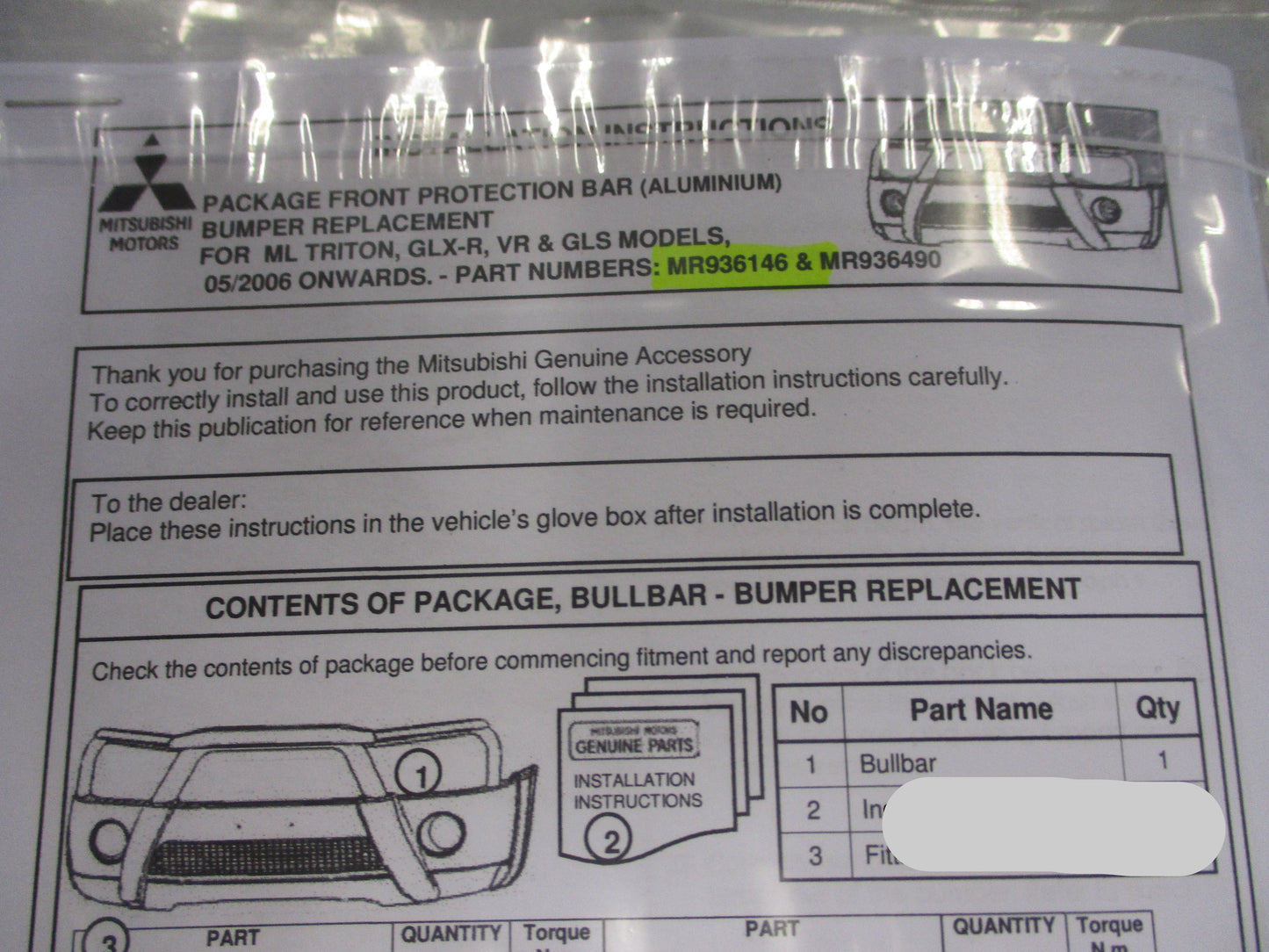 Mitsubishi ML Triton GLX-R/VR/GLS Genuine Alloy Bull Bar Kit New Part