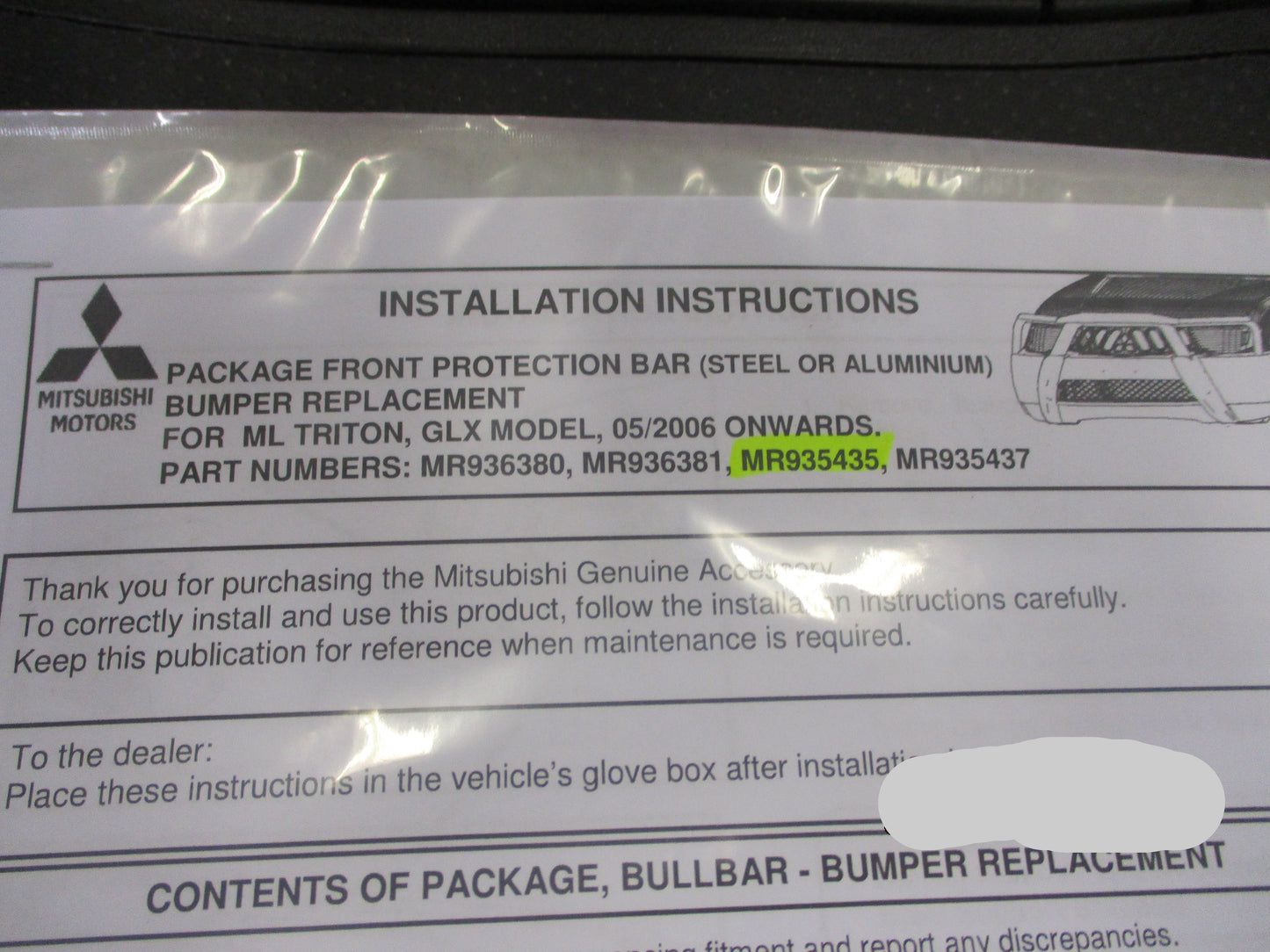 Mitsubishi ML Triton Genuine Alloy Bull Bar Kit New Part