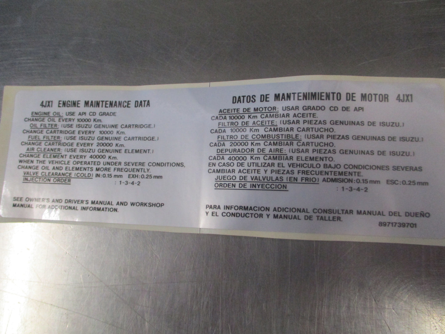 Holden Jackaroo Genuine Engine Maintenance Label New Part
