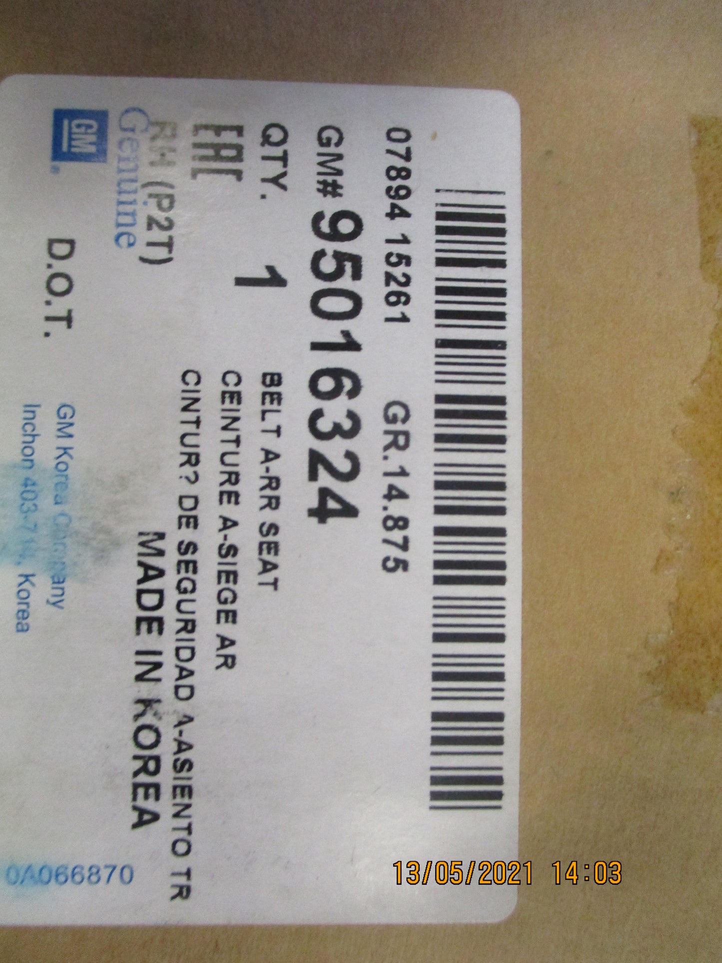 Holden Barina Genuine Rear Right Seat Belt New Part