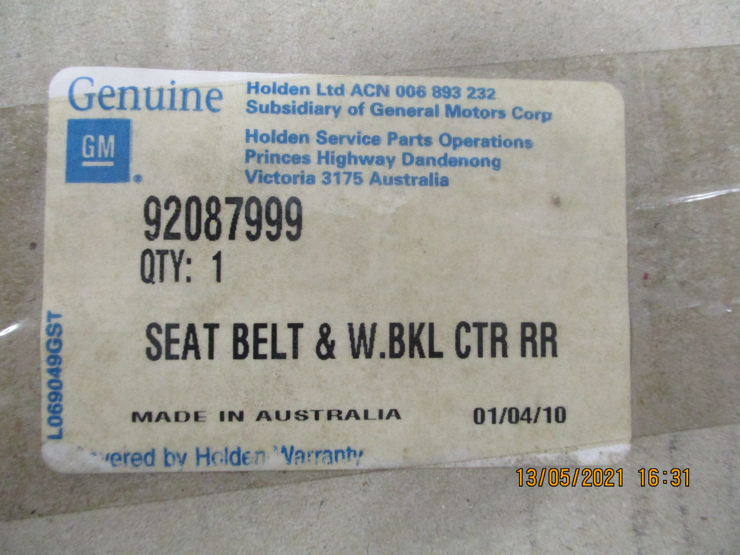 Holden WK Statesman Genuine Centre Seat Belt With Buckle New Part
